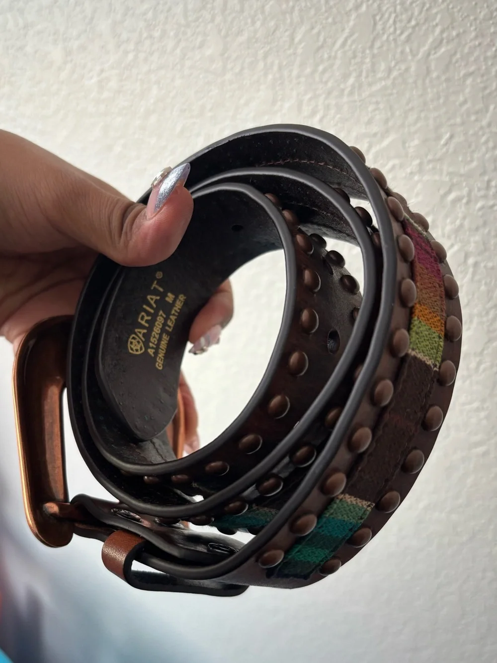 Ariat Brown Leather Belt with Copper Studs & Multicolor Stripe